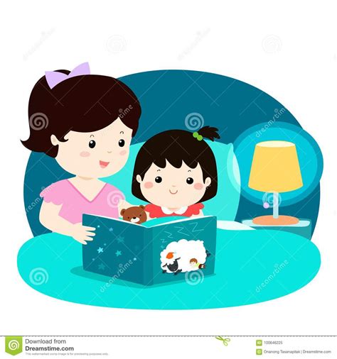 Bedtime Story Mother Reading To Child Colorful Cartoon Illustration