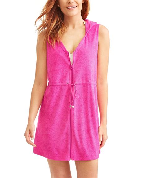 Time And Tru Women S Zip Front Hooded Terry Swim Cover Up Walmart