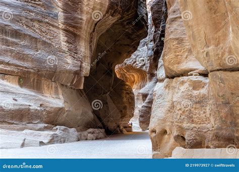 Rock Formations And Narrow Passageway In Siq Natural Fault Split Apart