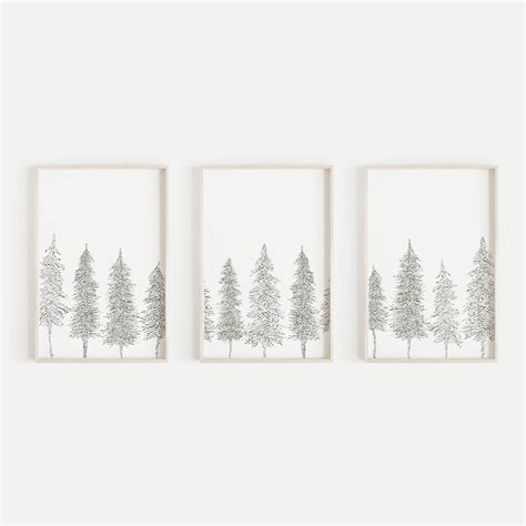 Pine Tree Line Scandinavian Winter Triptych Set Of 3 Wall Art Prints Or