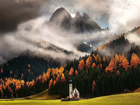 Dolomites Alps Forest Autumn Trees Clouds Mountains Chapel