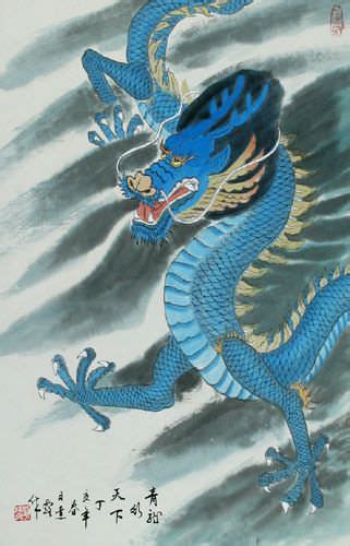 Blue Chinese Dragon Silk Wall Scroll Tigers And Dragons Paintings And