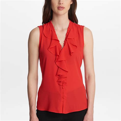 Karl Lagerfeld Synthetic Sleeveless Solid Ruffle Blouse In Red Lyst