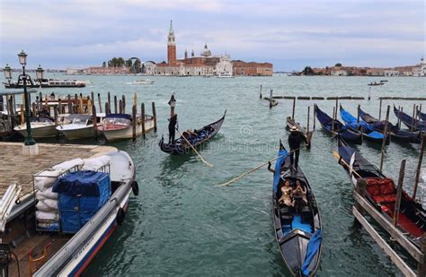 Gondolas And San Giorgio Maggiore Islannd In Venice Italy Editorial