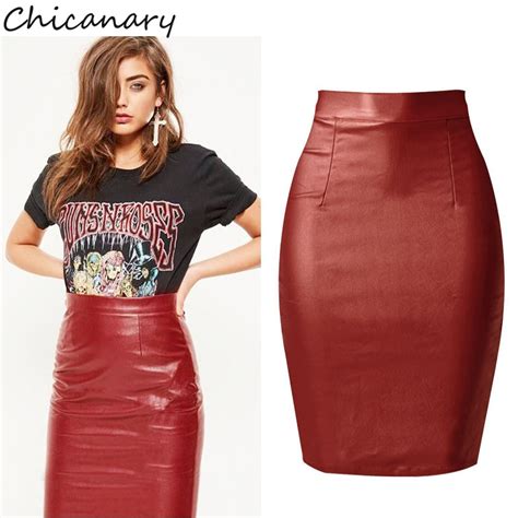 Chicanary Women Wine Red Pu Skirts Elastic Skinny Pencil Knee Length