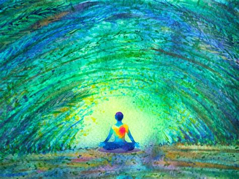 Chakra Color Human Lotus Pose Yoga In Green Tree Forest Tunnel Abstract World Universe Inside