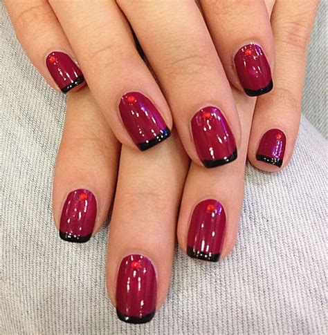 red wine nail polish with a black french manicure and rhinestones natural nails nail art at