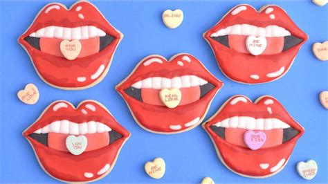 Valentines Day Lips Cookies With Conversation Heart Candies