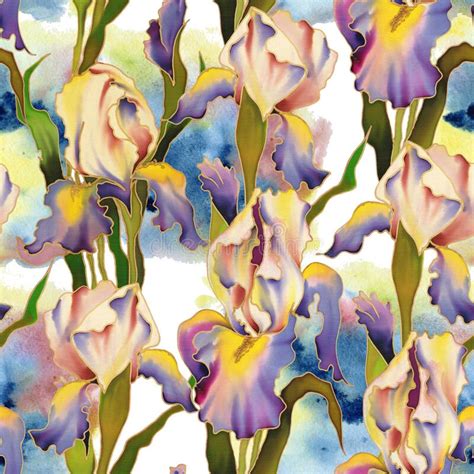 Bright Hand Painted Watercolor Flowers Of Iris Seamless Pattern Stock