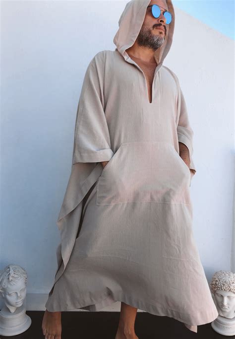 Mens Cotton Gauze Caftan With Hood Sand Natural Color Loose Kaftan