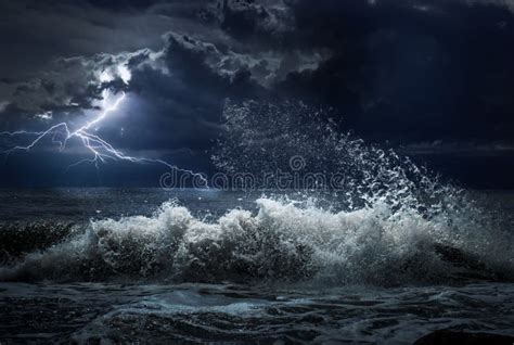 Dark Ocean Storm With Lgihting And Waves At Night Stock Photo Image