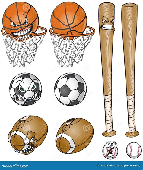 Cartoon Sports Equipment Set With And Without Faces Stock Vector