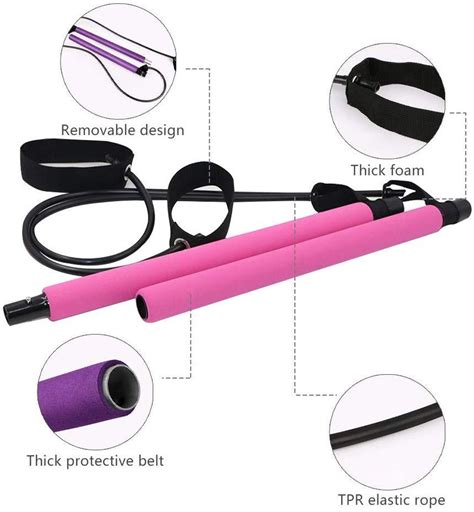Portable Pilates Bar Kit Resistance Band Yoga Stretch Rope Pinkpurple