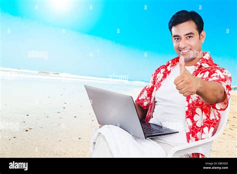 Indian Man Beach Laptop Working Stock Photo Alamy