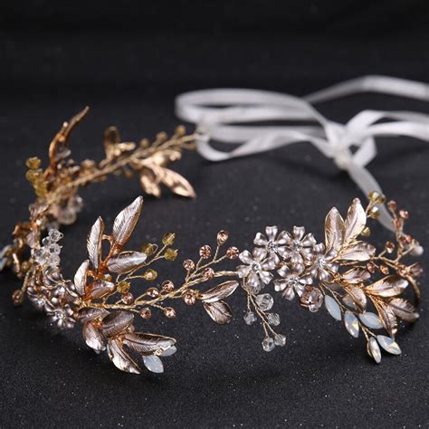 6 32cm gorgeous handmade gold wired crystal rhinestones flower leaf wedding hair vine headband