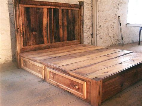 Reclaimed Rustic Pine Platform Bed With Headboard And 4 Etsy Pallet