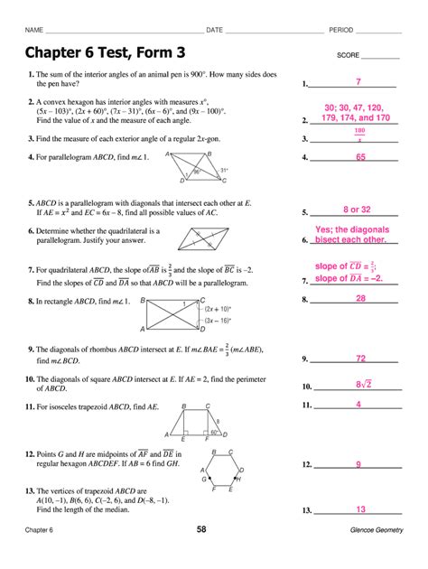 Chapter 6 Test Form 1 Geometry Answers Fill Online Printable