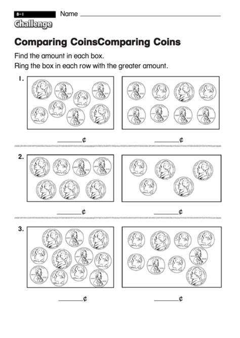 Comparing Coins - Challenge Math Worksheet With Answer Key printable