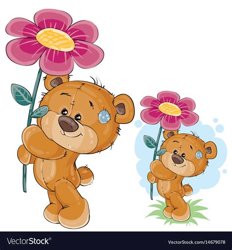 Teddy Bear Holding A Pink Flower In The Royalty Free Vector