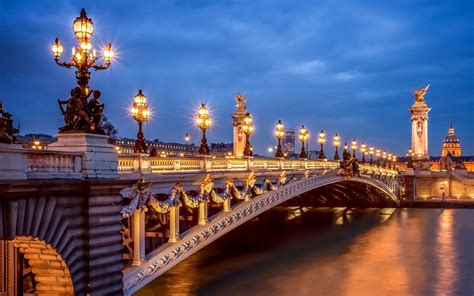 Paris France City Evening Lights Pont Alexandre Iii Bridge
