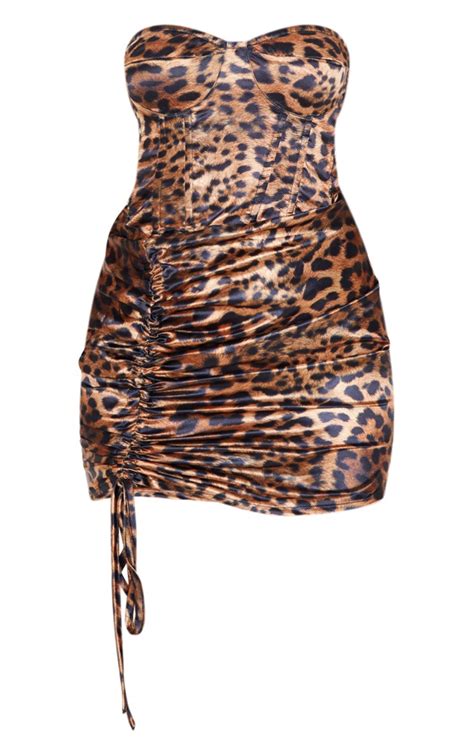 Brown Leopard Print Satin Bandeau Bodycon Dress Prettylittlething