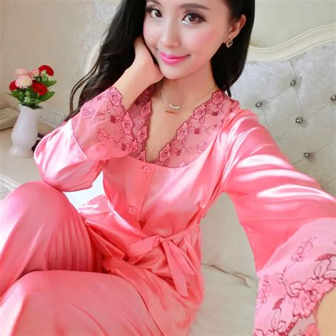 Ouirry 2018 New Luxury Silk Pajamas Set Women Summer Autumn Lace Stitch Satin Sleepwear Ladies