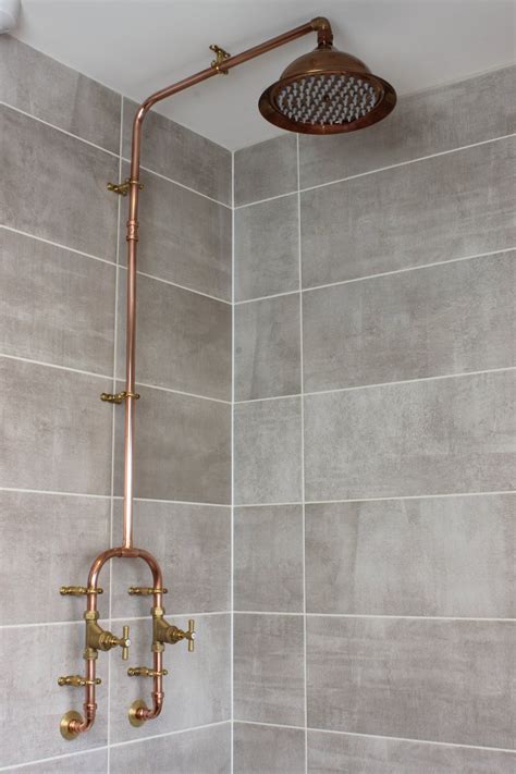 Copper Shower With Fixed Head Rustic Bathroom Shower Shower Plumbing Bathroom Shower Design
