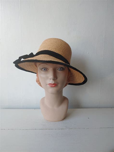 1940s straw hat with black velvet trim small etsy velvet trim black velvet straw hat