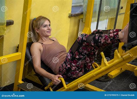 Smiling Blonde Improves Muscle Skills By Working Out At The Gym Stock Image Image Of Figure