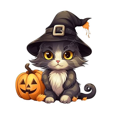 Cartoon Witch Cat With Pumpkin Vector Illustration Of Halloween Animal