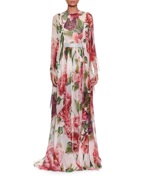 Dolce Gabbana Long Sleeve Rose Peony Print Silk Chiffon Evening