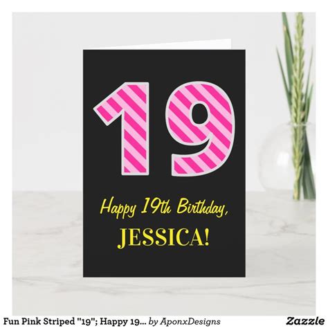 Fun Pink Striped 19 Happy 19th Birthday Name Card