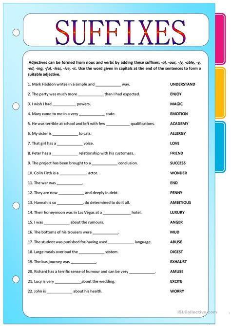 Nouns, verbs and adjectives worksheets. Suffixes - Adjectives formed from Nouns and Verbs ...