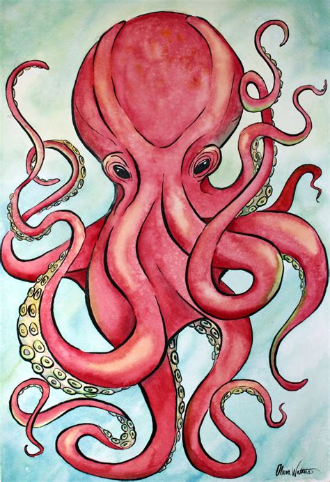 Red Octopus Watercolor Painting