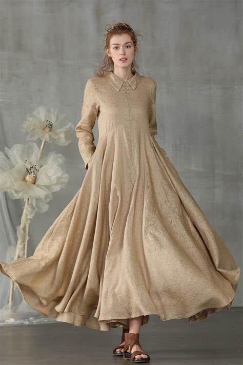 1950s Flared Linen Dress In Macaroon Linennaive Linen Fashion