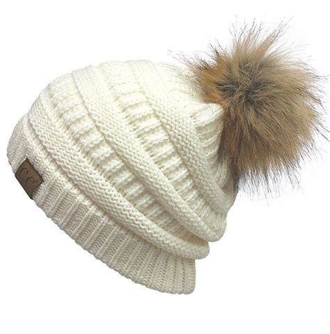 knit thick super soft fleece lined warm pom pom beanie white cw189xnai7s fur pom pom