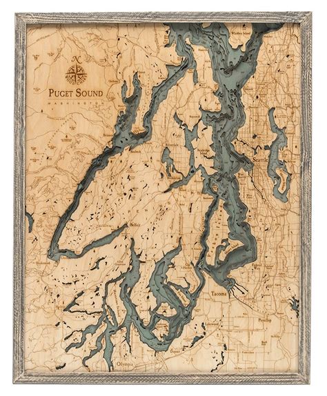 Puget Sound Wood Carved Topographic Map Gray