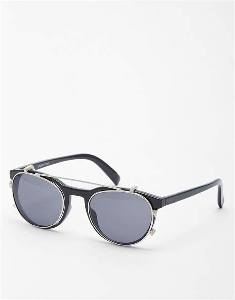 Asos Sunglasses With Metal Brow Bar And Clip On Detail In Black At Aviator Sunglasses