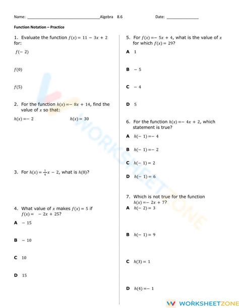 A12b Evaluate Function Worksheet