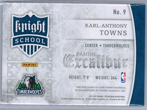 Karl Anthony Towns Panini Excalibur Knight School Rc Patch