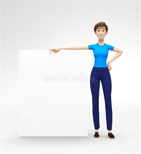 blank product poster and banner mockup held by smiling and happy jenny 3d cartoon female