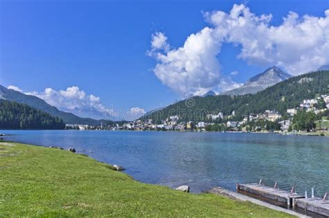 Saint Moritz In Alps City View From The Lake Switzerland Europe