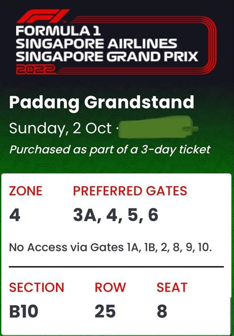 F1 Singapore 2022 Padang Grandstand Tickets X 2 Sunday 2 Oct 2022