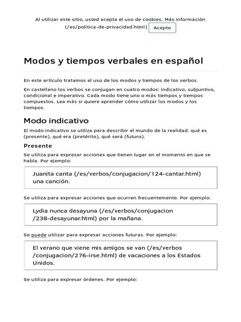 Lengua Modos Y Tiempos Verbales En Espanol Html Pdf Verbo Conjugación Gramatical