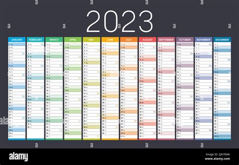 Year 2023 Colorful Wall Calendar With Weeks Numbers On Dark