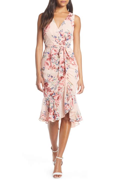 Eliza J Floral Ruched Chiffon Faux Wrap Dress In Pink Lyst