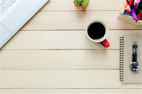 Bovenaanzicht Notitieboekje Potlood Zwarte Koffie Cactus Horloge