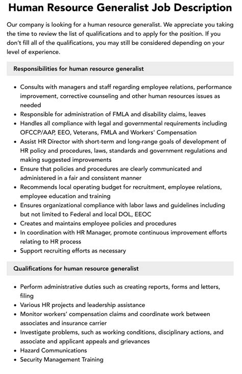 Human Resource Generalist Job Description Velvet Jobs