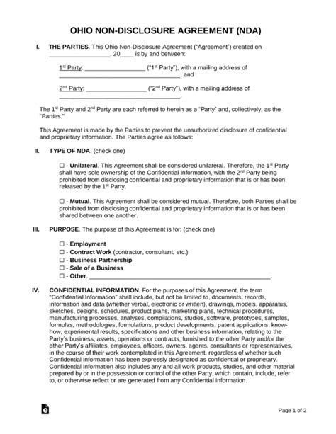 Free Ohio Non Disclosure Agreement NDA Template PDF Word EForms