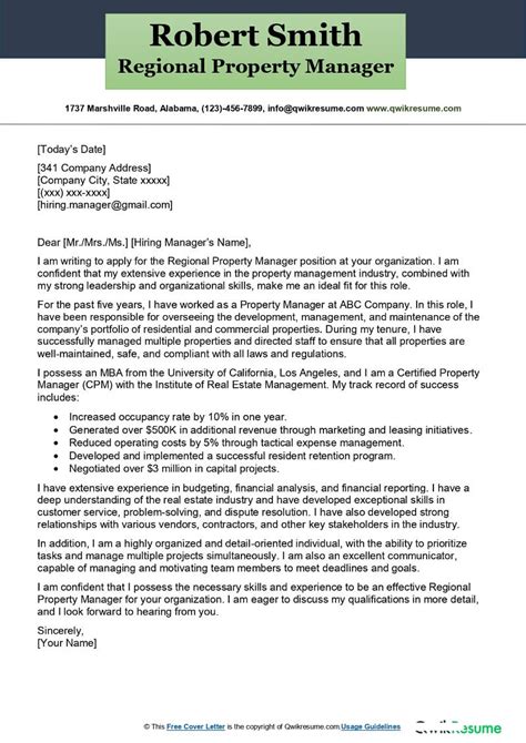 Regional Property Manager Cover Letter Examples Qwikresume